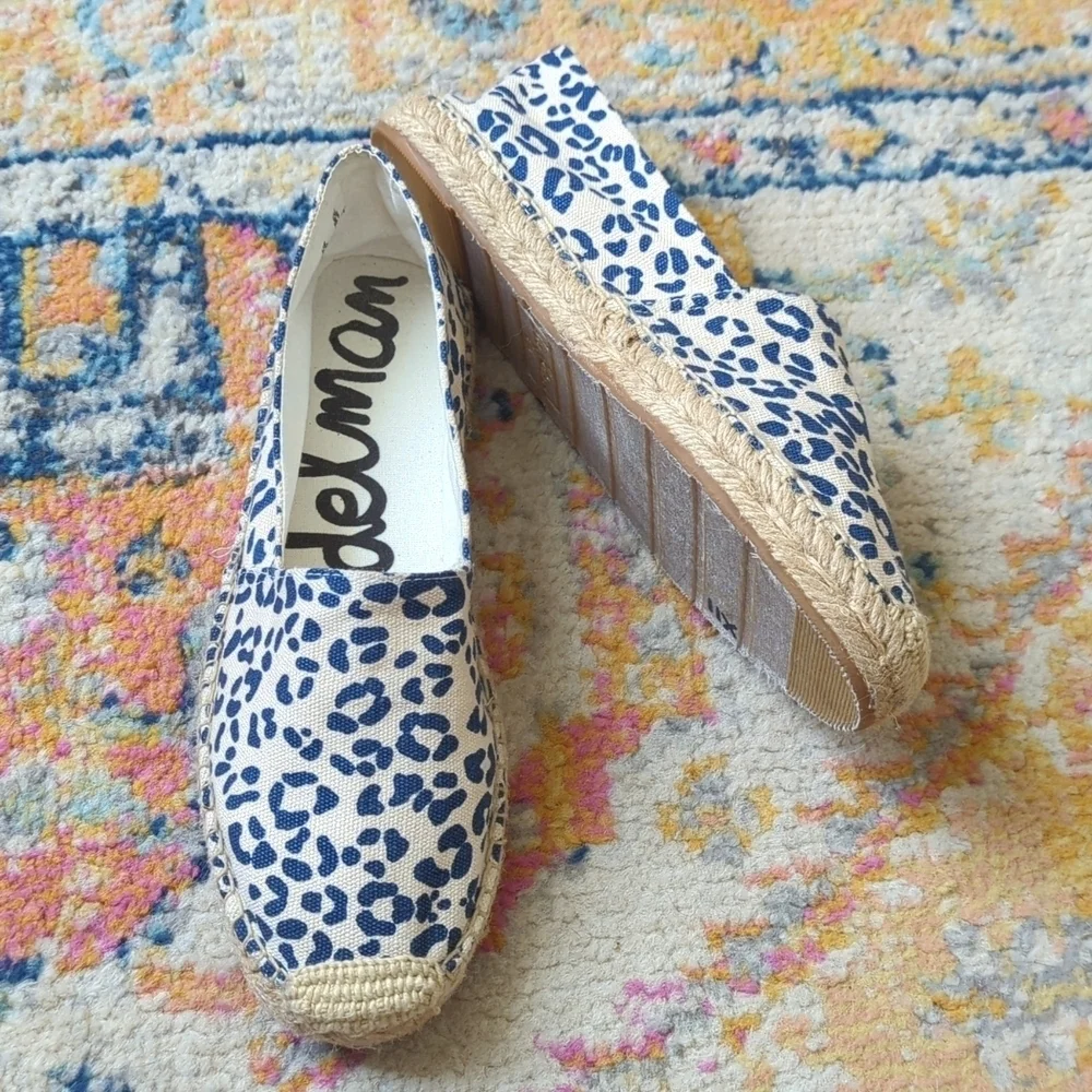 Sam Edelman Verona Leopard Print Canvas Slip On Espadrille Flats Cream Navy 8.5